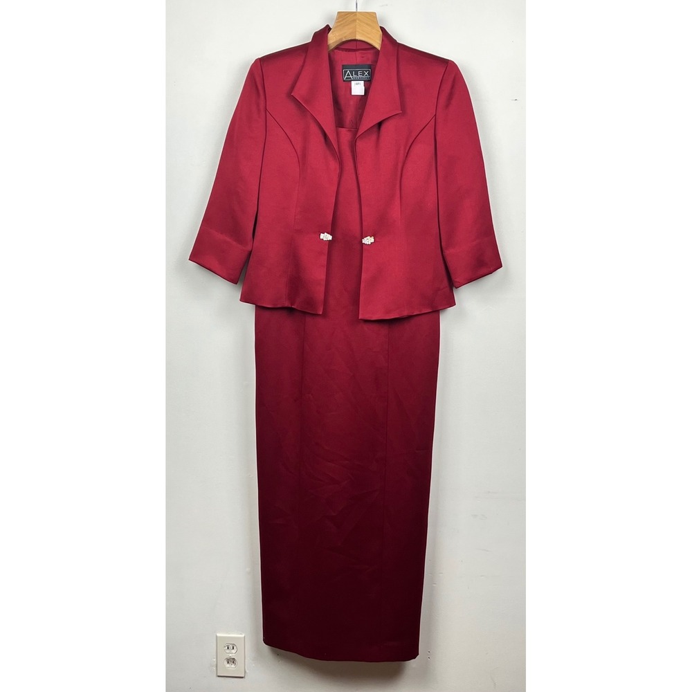 Alex Evenings Burgundy Red Satin Dress and Jacket Set 8P Formal Evening Gown